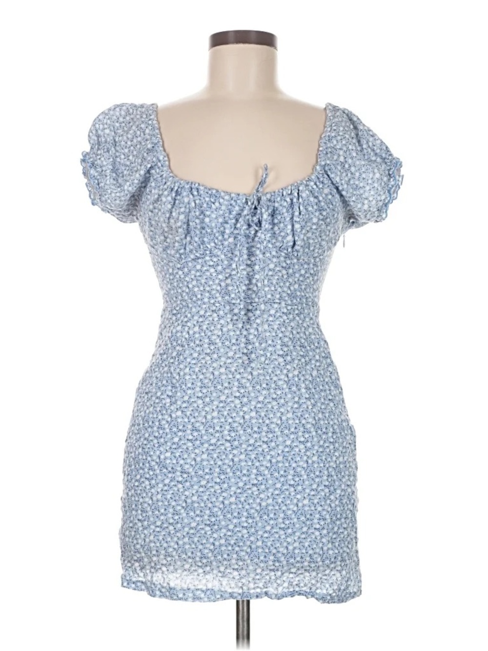 Light Blue Floral Puff-Sleeve Mini Dress